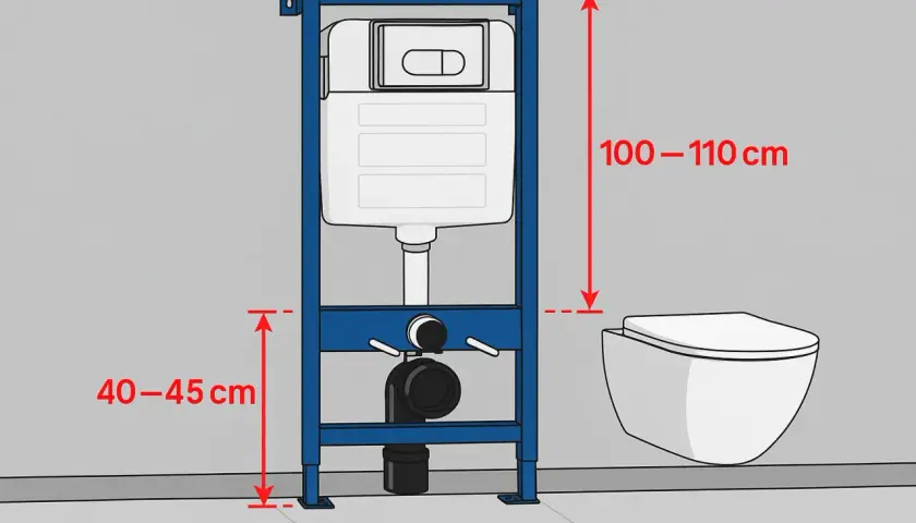 Schemat instalacji podtynkowej. Wymiary: 100-110 cm (wysokość geberitu), 40-45 cm (odległość od podłogi do dolnej części stelaża).