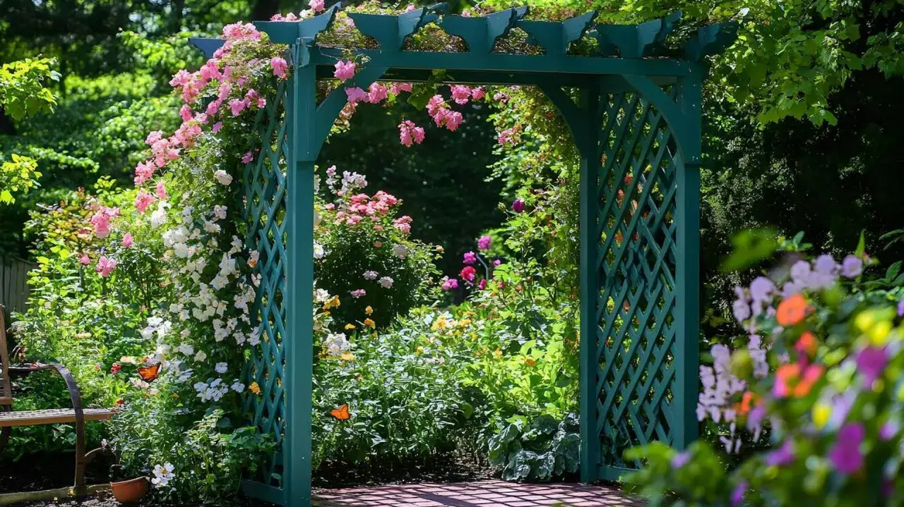 Zielona pergola DIY, obsypana różowymi i białymi różami, tworzy romantyczne przejście do kwitnącego ogrodu.